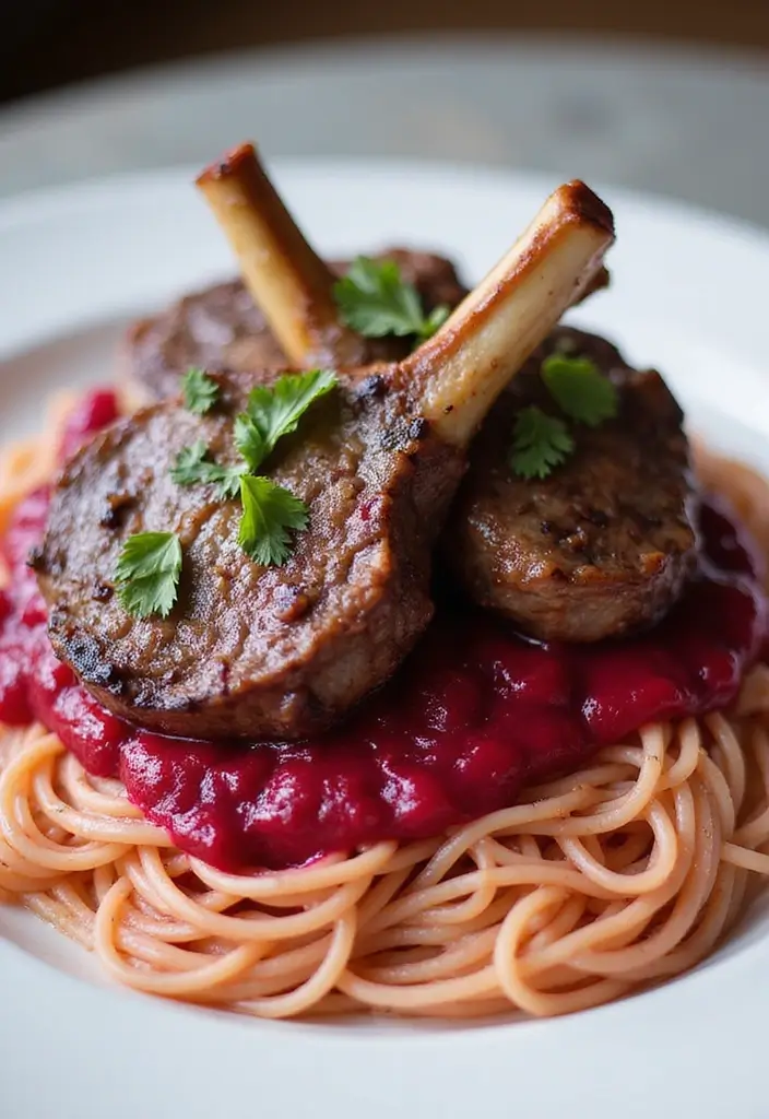 25 Lamb Chop and Pasta Recipes Creamy and Irresistible 24. Creamy Beetroot Sauce Lamb Chops with Spaghetti